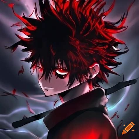 Angry anime boy with red eyes and wild black hair in black and red ...