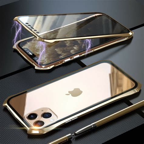 Case for iPhone 11 Magnetic Metal Bumper Back & Front Glass Case Cover ...