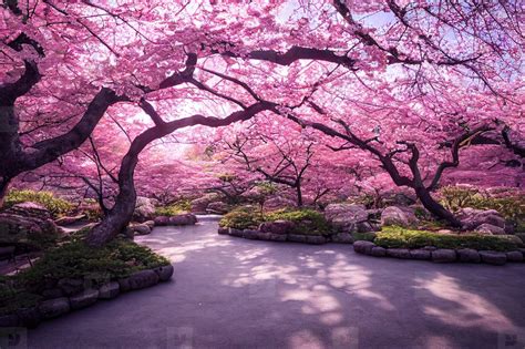 Beautiful landscape of garden and blooming cherry blossoms in sp Photo ...