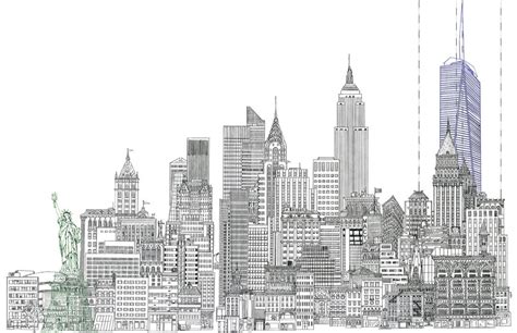 11 X 17 Line Drawing of New York City Skyline With Statue of Liberty ...