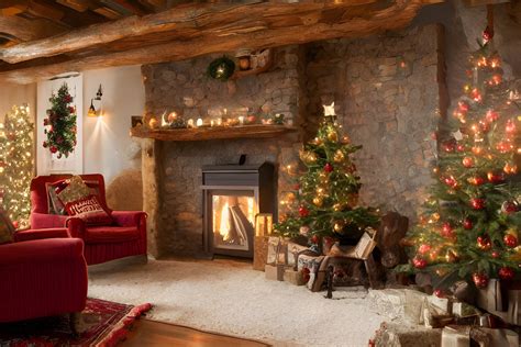 Rustic room with fireplace and Christmas tree 03 by AiGraphicsShop on ...