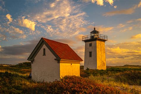 Wood End Lighthouse In Provincetown On Cape Cod At Golden Sunset Stock ...