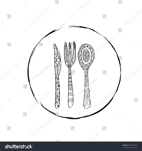 Hand Drawing Fork, Knife And Spoon Ornate Stock Vector Illustration ...