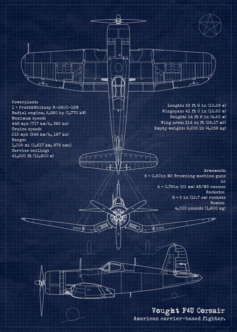 'F4U Corsair Blueprint' Poster, picture, metal print, paint by AirCraft ...