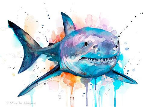 Great white shark watercolor painting print by Slaveika | Etsy in 2021 ...