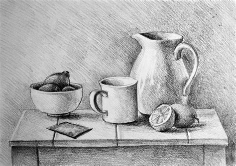 Drawing illustration of still life composition with mug, lemons, cup ...