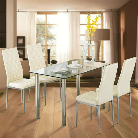 Modern 5 Piece Dining Table Set Tempered Glass Transparent Dining Table ...