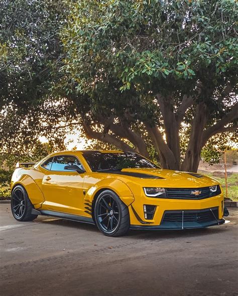 a yellow chevrolet camaro parked in front of a tree