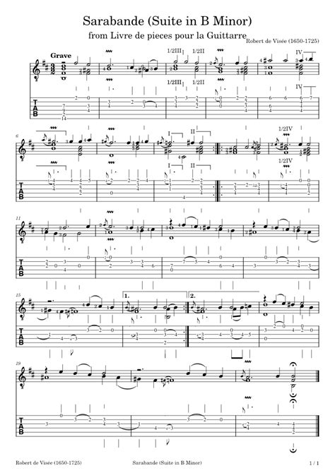 Sarabande Suite in B Minor -Robert de Visée TABS Sheet music for Guitar ...