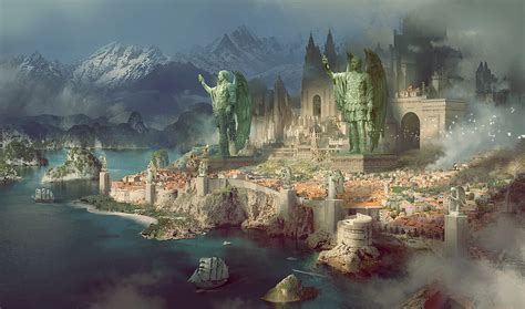 artwork, fantasy art, city, fantasy city, statue, mountains, sea ...