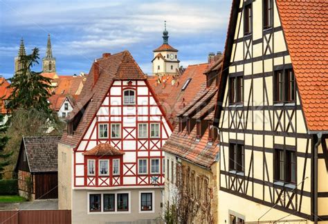 Traditional red tile roofs and half-timbered houses in Rothenburg ob ...