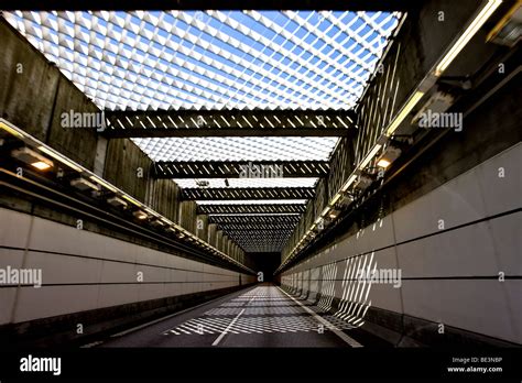 Inside the tunnel at the Oresund Bridge between Denmark and Sweden ...