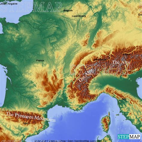 StepMap - Major Mountain Ranges in Europe - Landkarte für Southwest Europe