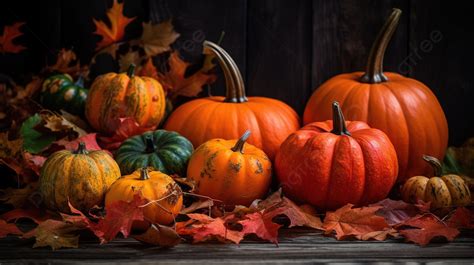 Group Of Pumpkins In Autumn Leaves On Table Background, Fall Leaves And ...