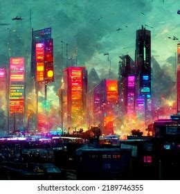 Cyberpunk Dystopian City Beautiful Colorful Stock Illustration ...