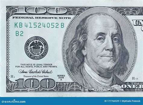 Portrait of US President Benjamin Franklin on 100 Dollars Banknote ...