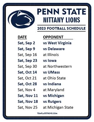 Printable 2023 Penn State Nittany Lions Football Schedule