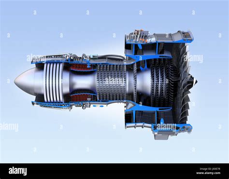 Turbofan jet engine's cross section frame isolated on blue background ...