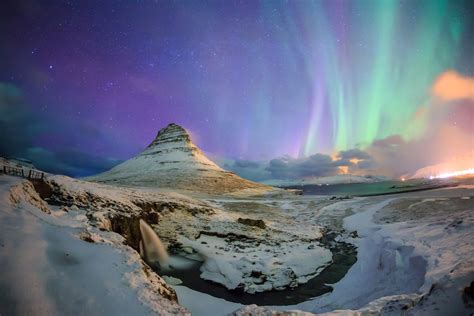 Download Aurora Borealis Waterfall Kirkjufoss Snow River Mountain ...