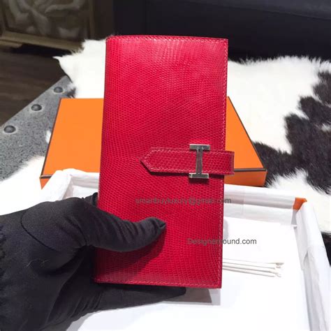 Replica Hermes Bearn Wallet Hand Stitched in Red Lizard Leather PHW