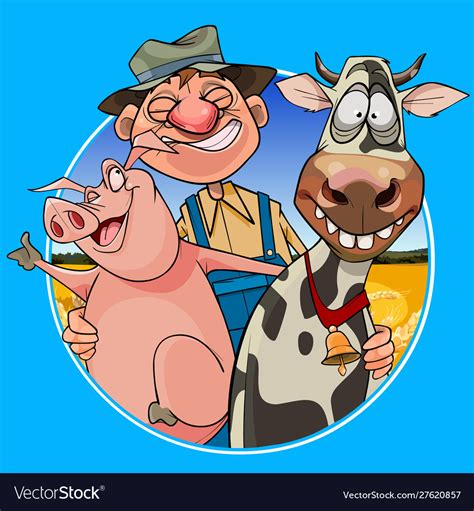 Cartoon joyful farmer hugging a pig and cow Vector Image