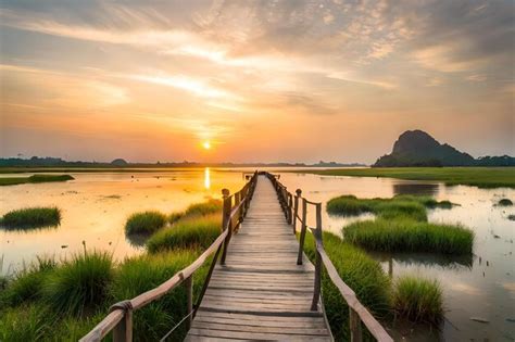 Premium Photo | A wooden bridge over a lake at sunset