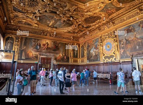 Venice, Italy - June 30, 2018: Panoramic view of hall interior and arts ...