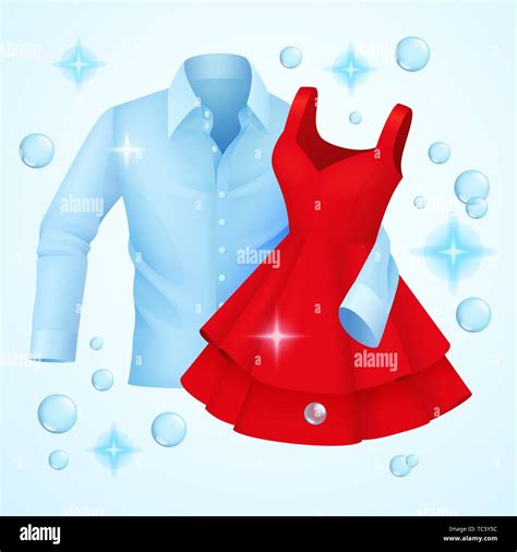 Clean clothes, washed blue shirt and red dress with soap bubbles Stock ...