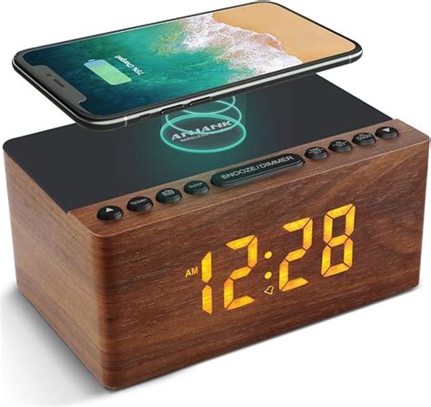 ANJANK Bedside Wooden FM Radio Alarm Clock,10W Super Fast Wireless ...