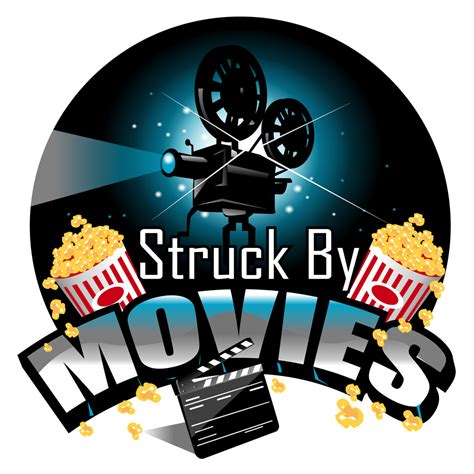 the logo for struck by movies, with popcorn and film reels in front of it