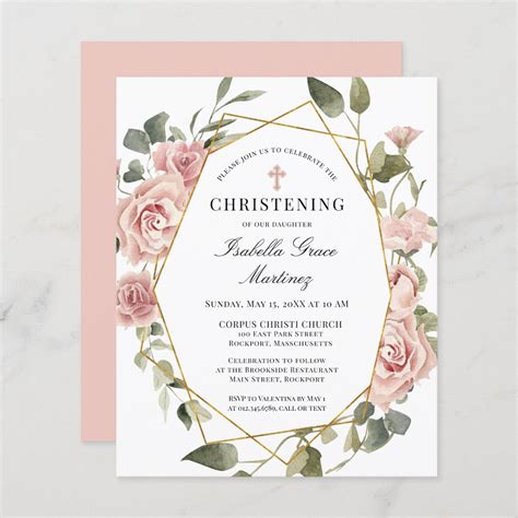 Budget Pink Floral Cross Christening Invitation | Zazzle