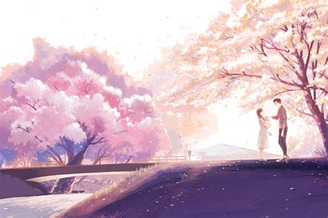 Download Anime Cherry Blossom Couple Background | Wallpapers.com