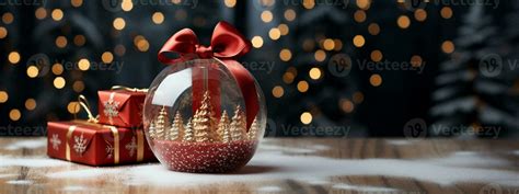 Christmas Snow Globe with Pine Trees and Small Gift Boxes on a Wood ...