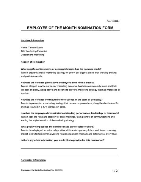 Employee of the Month Nomination Form Template | PDF & Word