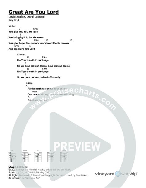 Great Are You Lord Chords PDF (Vineyard Worship / Tim Brown) - PraiseCharts