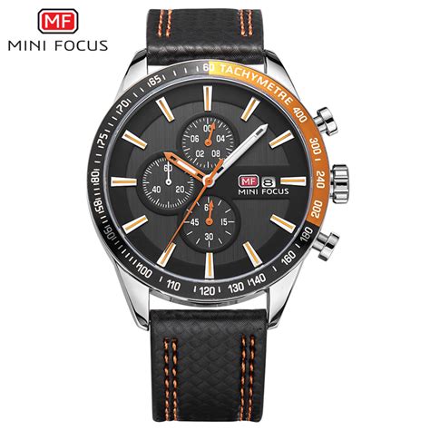 MINI FOCUS Men's Watch Chronograph Quartz Sports Watch Leather Strap ...