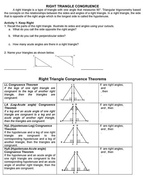 Right Triangle Congruence - RIGHT TRIANGLE CONGRUENCE A right triangle ...