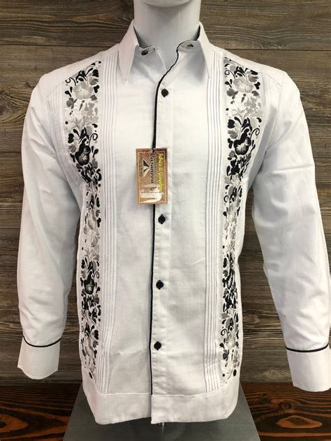 Mens Mexican Guayabera Wedding Shirt Elegant Black Flower Embroidery ...