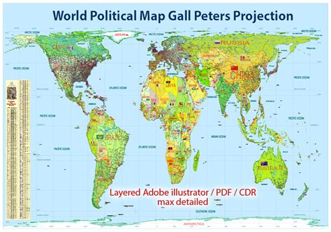 Printable World Political Map In Gall Peters Projection Editable Adobe ...