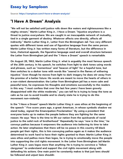 ≫ "I Have A Dream" Analysis Free Essay Sample on Samploon.com