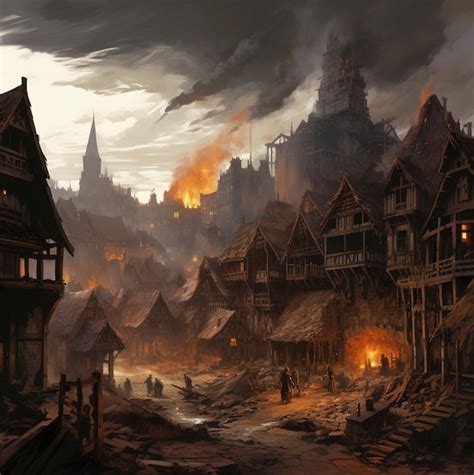 Premium AI Image | a painting of a village with a burning building in ...