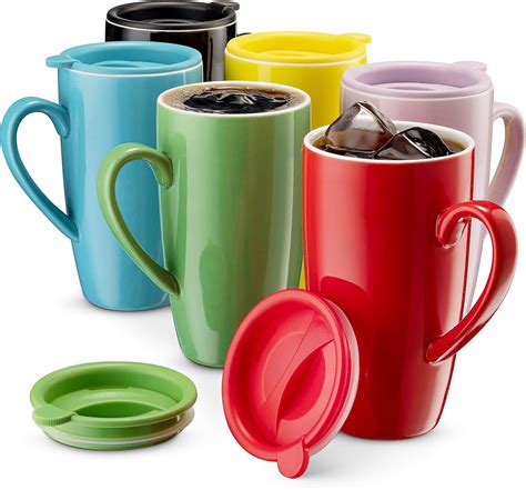 MITBAK 6-Pack Ceramic Coffee Mug Set with Lids (16-Ounce) | Large ...