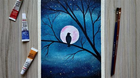 How to draw bird in the beautiful moonlight. - watercolor painting for ...