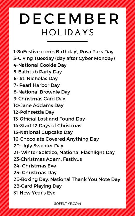 a red and white holiday list with the words december holidays written ...