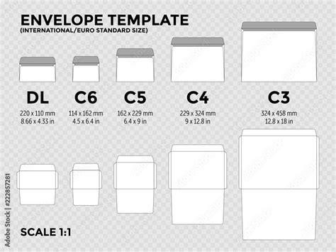 Envelope template with international, euro standard sizes c6, c5, c4 ...