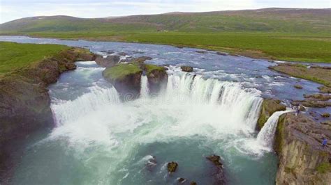 Drone Aerial Footage of the Godafoss Waterfall in North Iceland. Stock ...