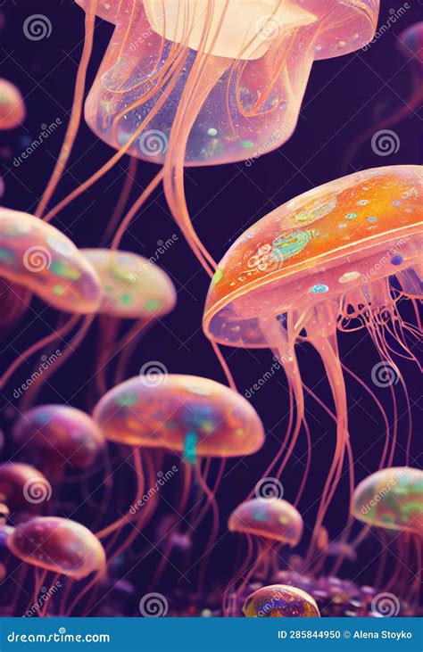 Background of Jellyfish. Pink Neon Glow Light Effect Stock Illustration ...