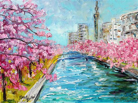 Japan art, Cherry blossoms print, Tokyo river from past painting image ...