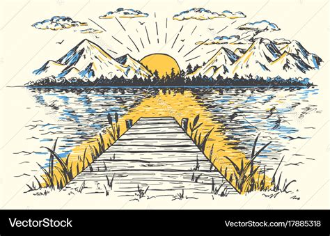 Rising sun on the lake landscape Royalty Free Vector Image