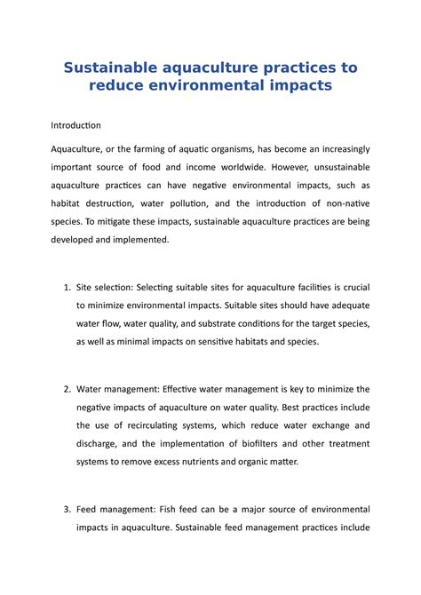 Sustainable aquaculture practices to reduce environmental impacts ...